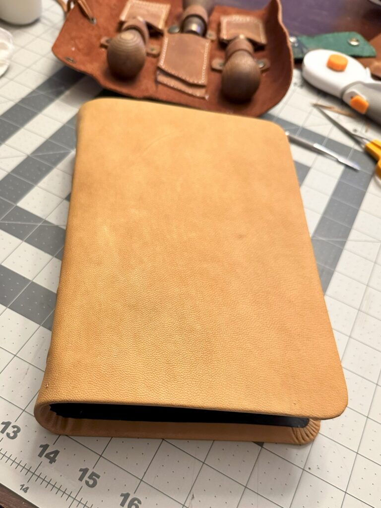 NLT canyon goatskin cover before stitching while still on the workbench